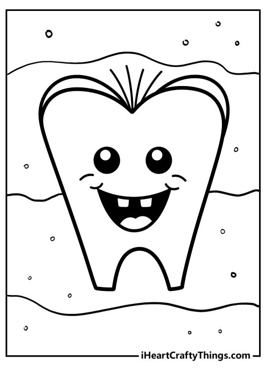 Free printable of a happy tooth with eyes, hair, a big smile and two mini teeth with bubbles in the background