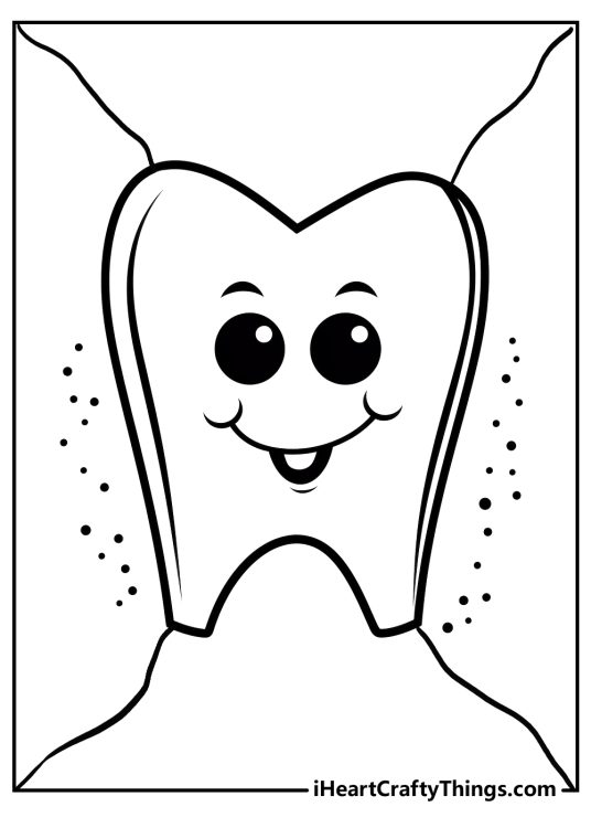 Dental-themed printable coloring page featuring cheerful cartoon tooth surrounded by dots