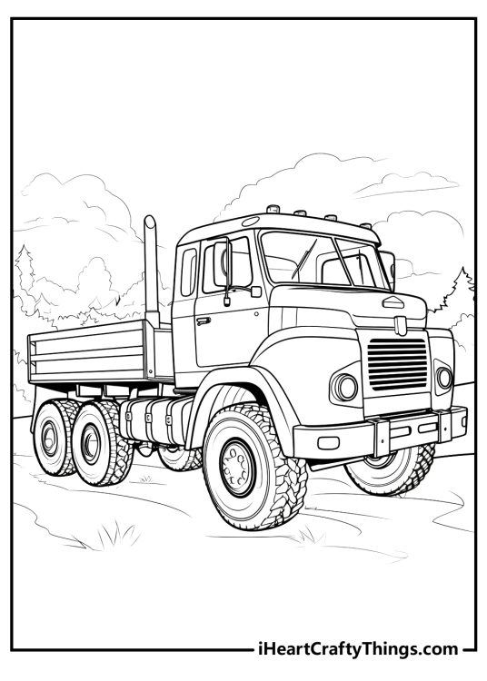 Printable picture of an old-fashioned truck with six wheels and a flatbed trailer driving outdoors
