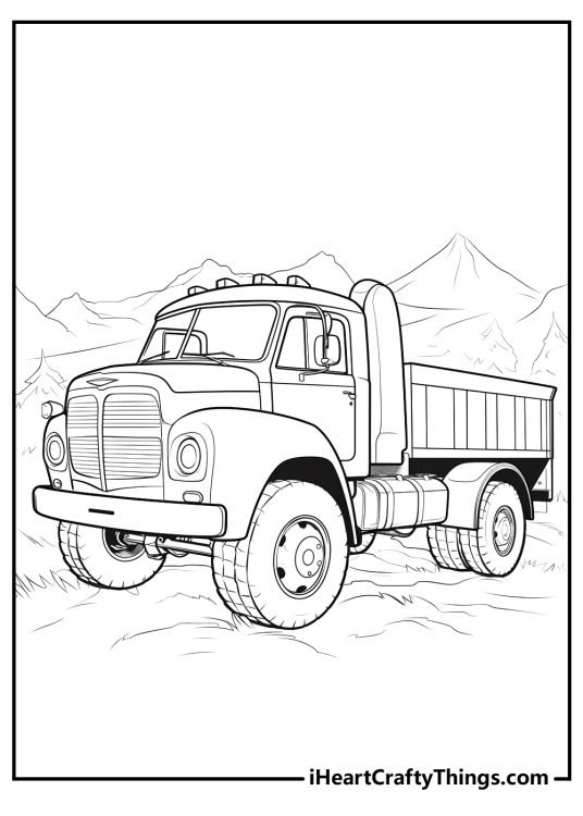Detailed coloring page of an old-fashioned truck with a flatbed trailer with mountains in the background