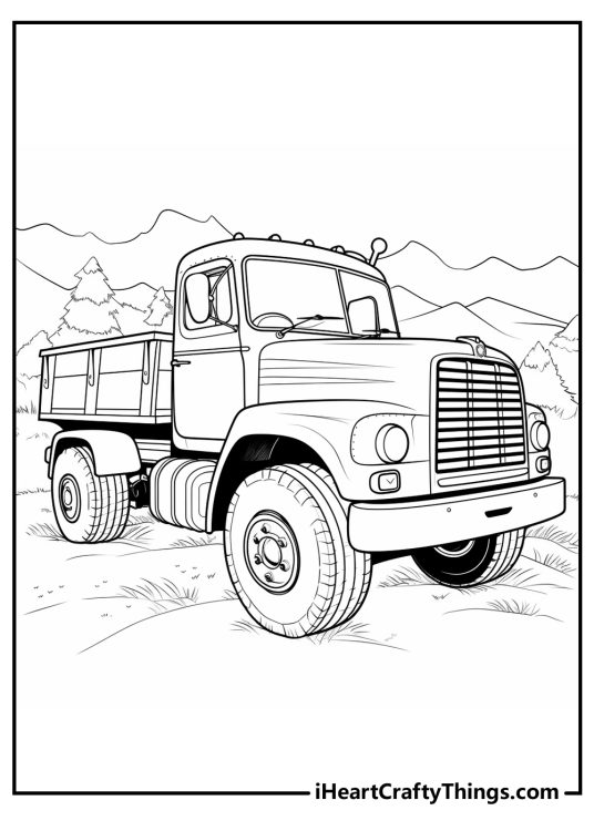 Printable poster of an old-fashioned truck with a flatbed on a road with trees and mountains in the background