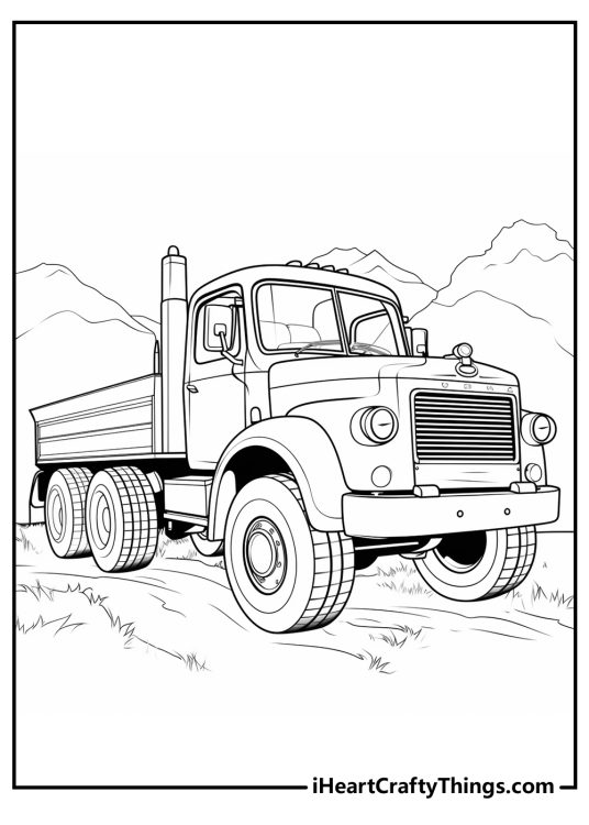 Coloring page of a large old-fashioned truck with six wheels, a flatbe and a big exhaust pipe on the left side
