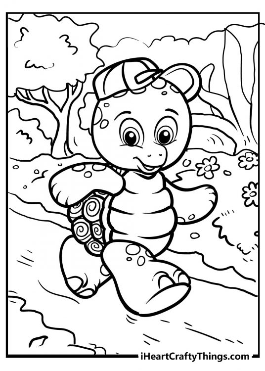Coloring printable for kids of a cartoony turtle walking down the forest path on its hind feet