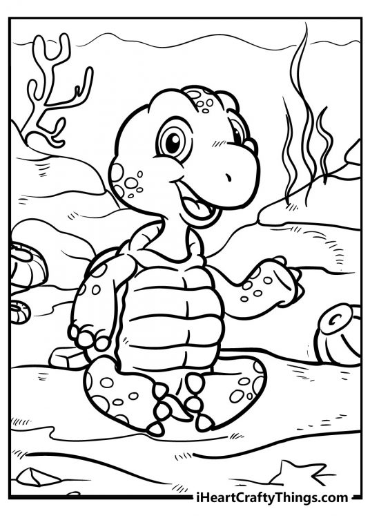 Printable coloring page for children featuring happy cartoony turtle hanging out underwater