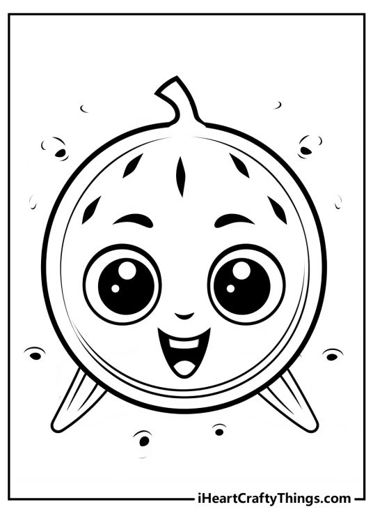 Free printable sheet to color featuring cartoony watermelon a big smile and legs