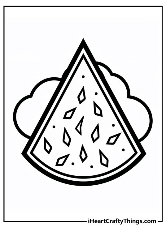 Printable coloring picture featuring a slice of watermelon with fluffy clouds in the backgorund
