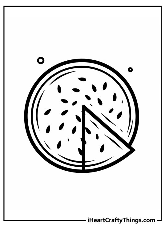 Black-and-white drawing of a watermelon looking like a fun fruit pizza with a slice cut out