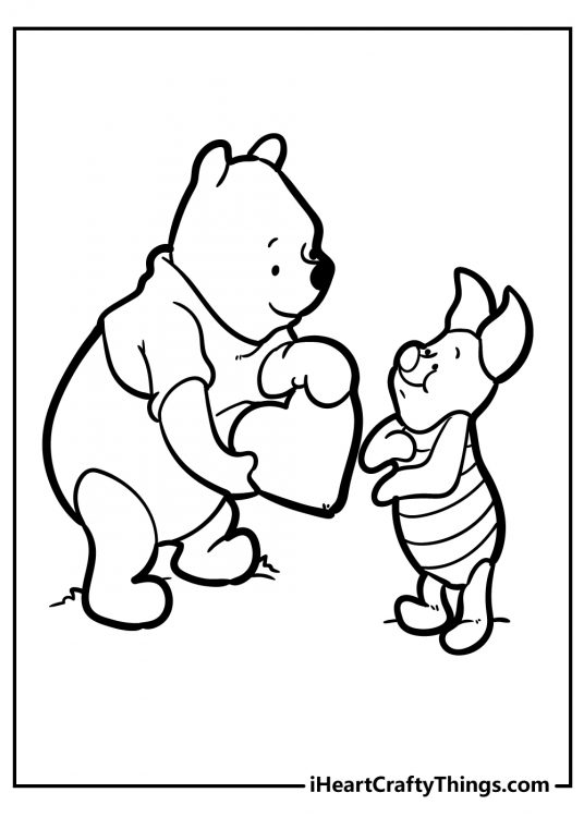 Free printable pdf featuring Winnie the Pooh giving a heart to his friend Piglet
