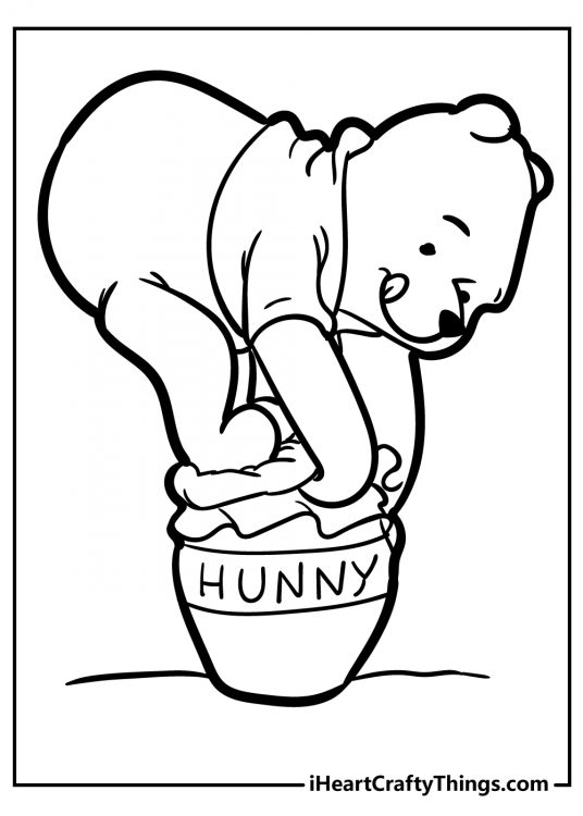 Winnie The Pooh coloring page featuring Winnie trying to get inside the honey jar