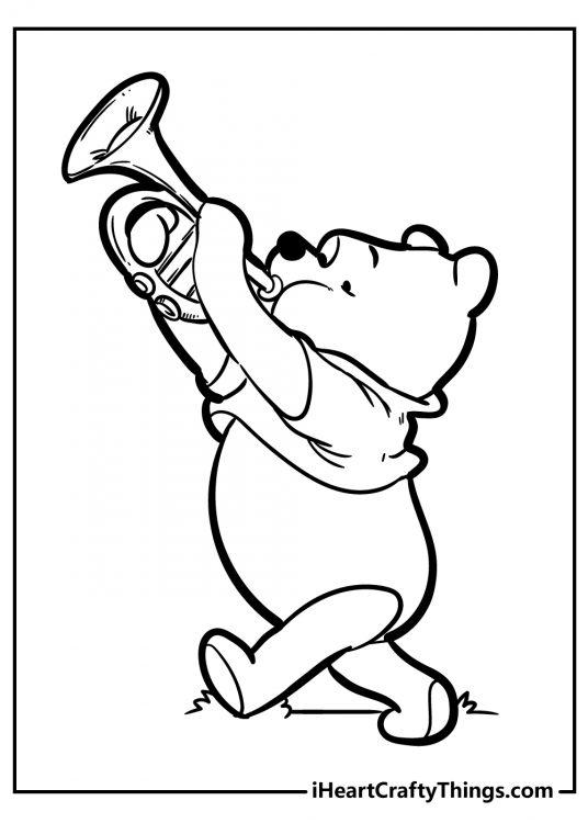 Winnie the Pooh coloring picture for kids featuring him playing a trumpet while walking