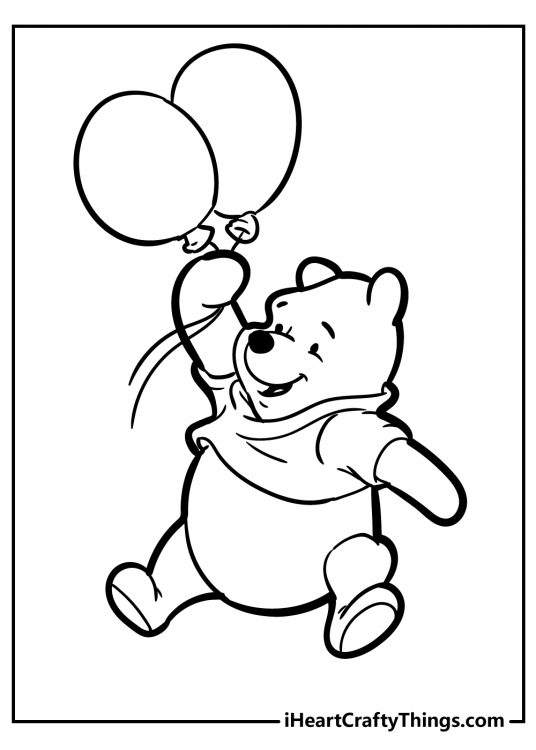 Free printable picture to color presenting Winnie the Pooh holding on to two balloons