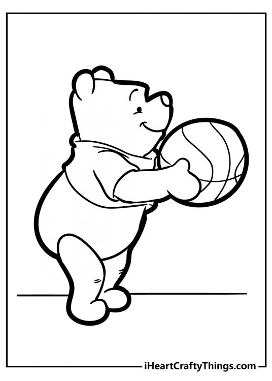 Coloring page for kids depicting Winnie the Pooh holding a ball that he’s about to throw