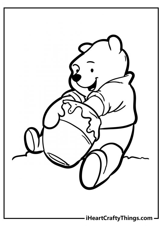 Free printable coloring poster presenting Winnie the Pooh tucking into some honey