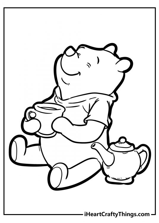 Coloring page of a Winnie the Pooh taking a nice deep sniff of the delicious tea he’s about to enjoy