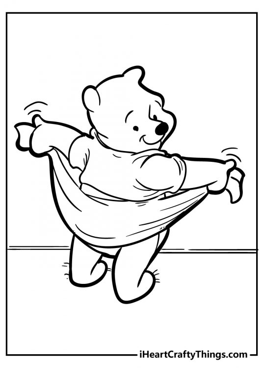 Detailed coloring sheet featuring Winnie the Pooh drying himself off with a towel