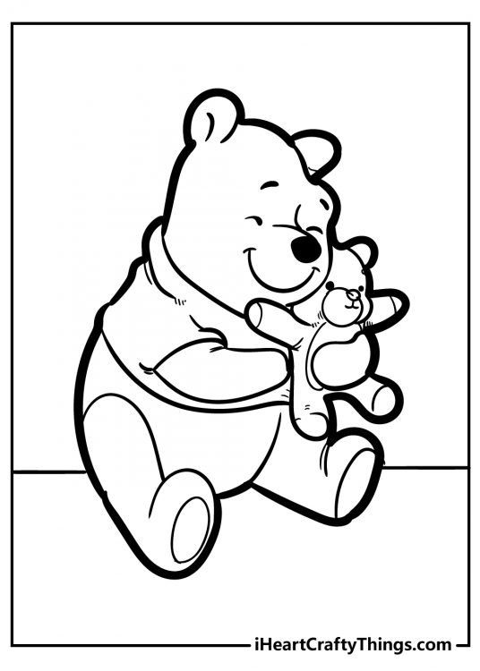Winnie the Pooh-themed printable featuring happy-looking Winnie hugging a cute teddy bear