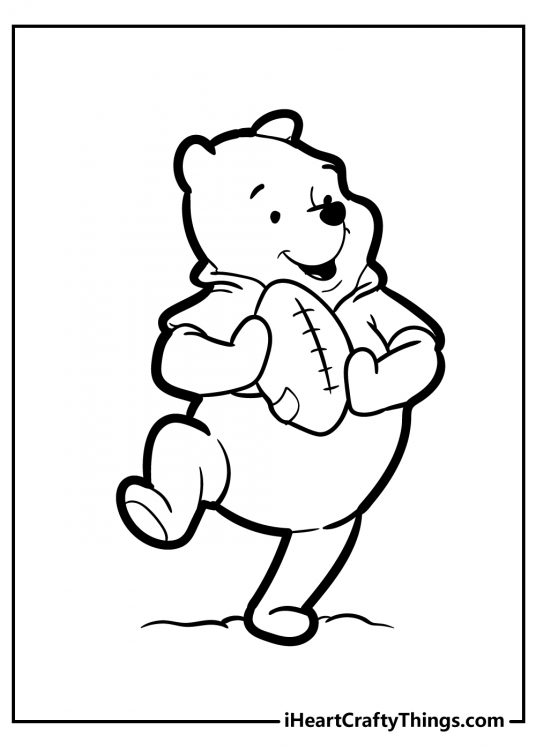 Coloring poster of a Winnie the Pooh enjoying an outdoor activity as he prepares to through a ball