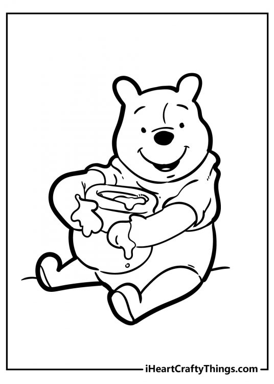 Winnie the Pooh-themed printable presenting Pooh bear sitting all happy with his honey pot