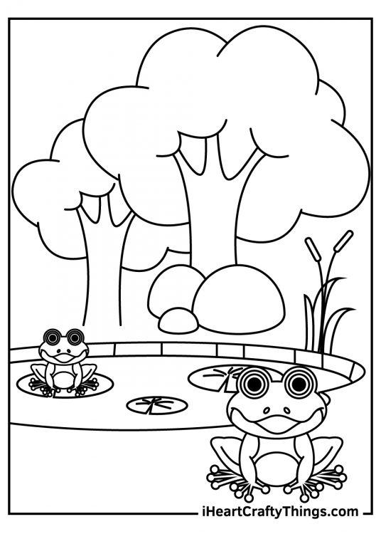 Free printable picture featuring outdoors scene of two cute frogs relaxing on a pond with trees in the background
