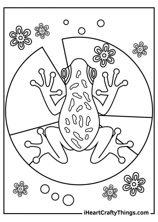 Printable coloring picture featuring top down view of a frog on a lily pad surrounded by pretty flowers