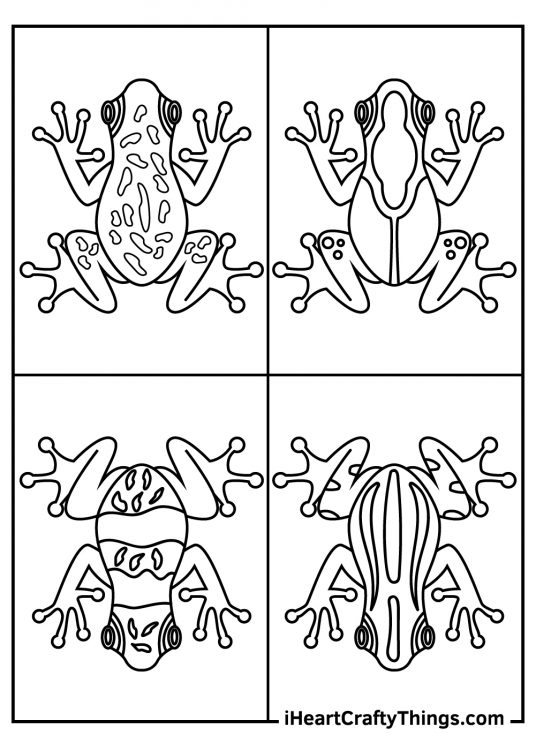 Detailed coloring picture for kids featuring four different patterned little frogs
