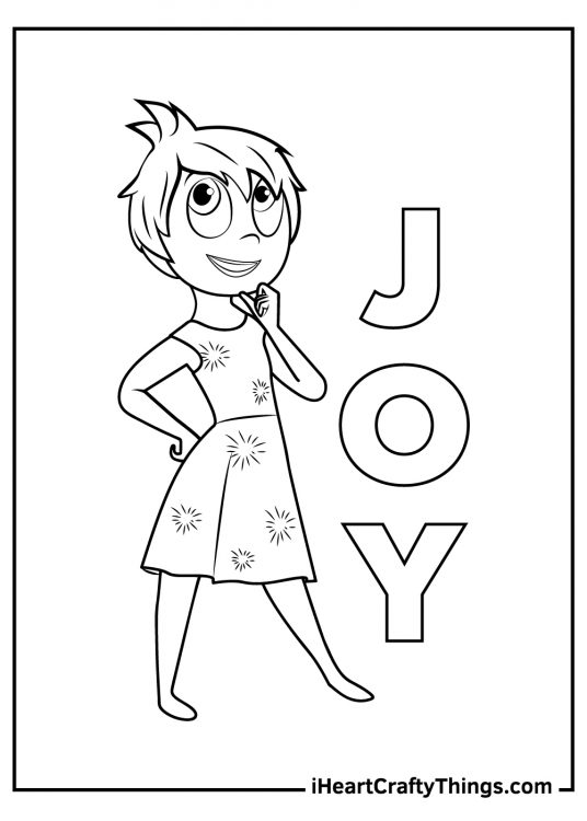 Coloring poster presenting cheery Inside Out character Joy with her name written in bold letters on the right side