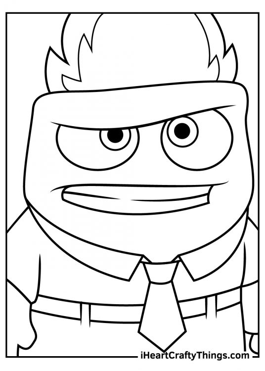 Inside Out-themed coloring page presenting a closeup of fiery-looking character Anger