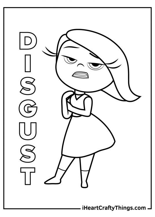 Inside Out coloring poster presenting character Disgust with the name written in bold letters on the left side