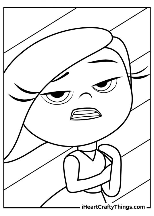 Inside Out coloring page for kids featuring a close up of Disgust with the background separated into segments