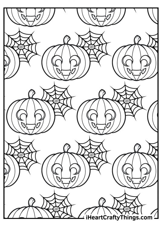 Jack O Lantern coloring sheet featuring many pumpkins arranged with some creepy cobwebs