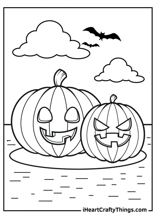 Jack O Lantern coloring image featuring pumpkin duo with bats and clouds behind them