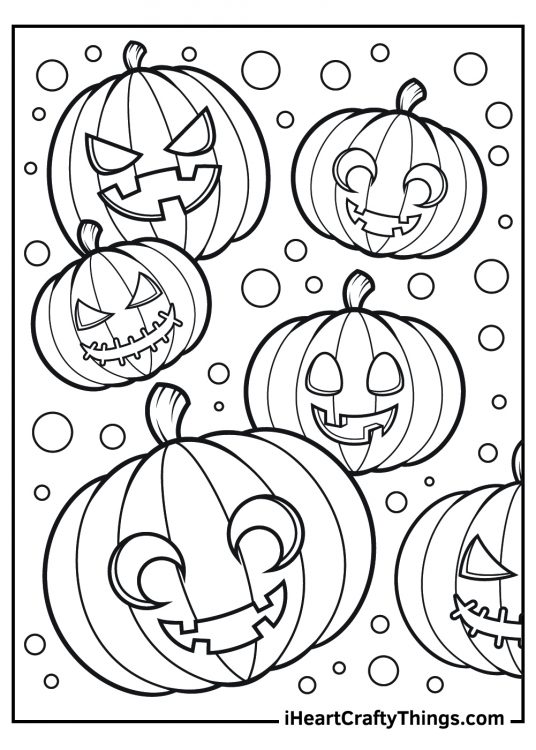 Jack O Lantern printable coloring sheet featuring six pumpkins with bubbles all around them