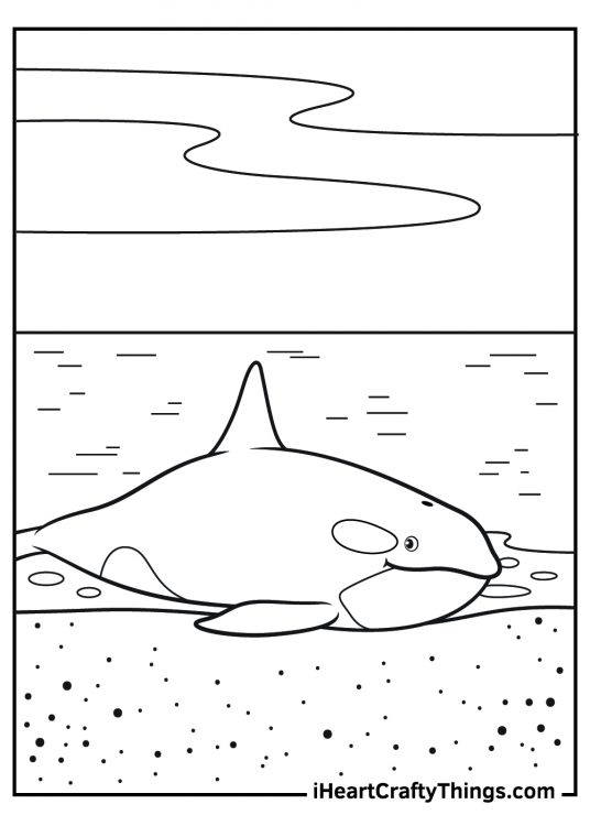 Printable coloring page for kids of a killer whale featured on the water’s edge
