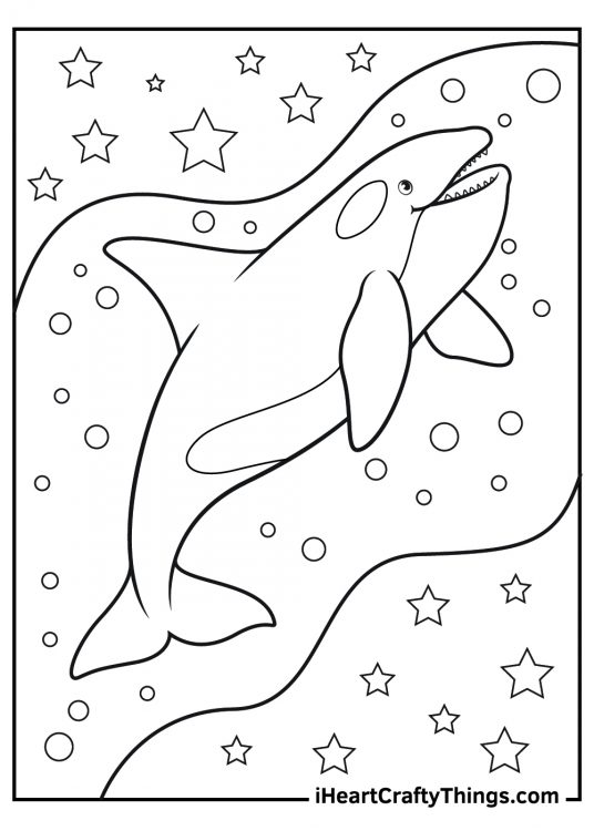 Coloring pdf featuring cartoony killer whale swimming through the water filled with star and circle shapes