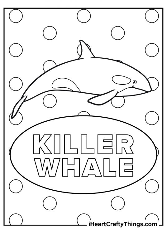 Printable poster of a whale with KILLER WHALE words written under him and polka dots background behind him