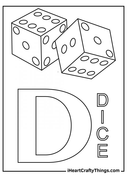 Coloring printable featuring a pair of dice, large letter D and a word