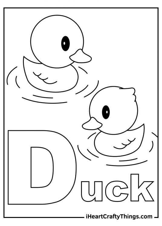 Printable coloring page for kids presenting two cute little ducklings and a word