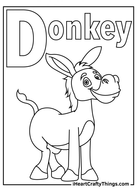 Free coloring page of a happy looking donkey and a word