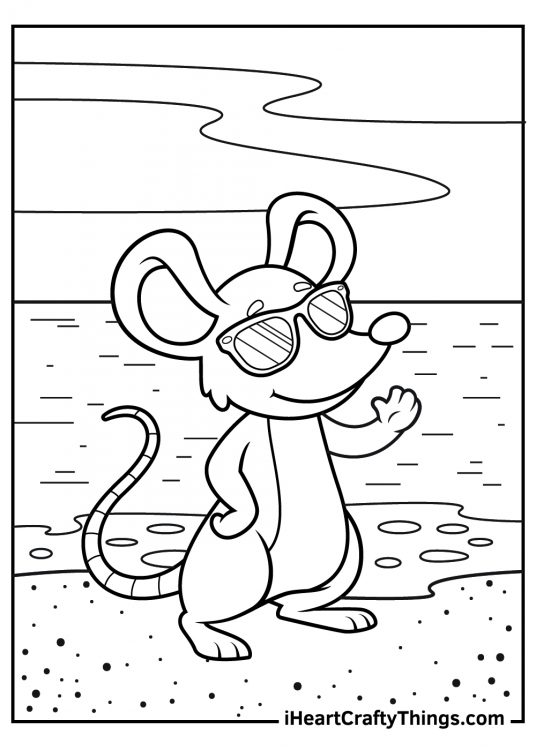 Coloring page for kids presenting a cool cartoony mouse posing at the beach with sunglasses on