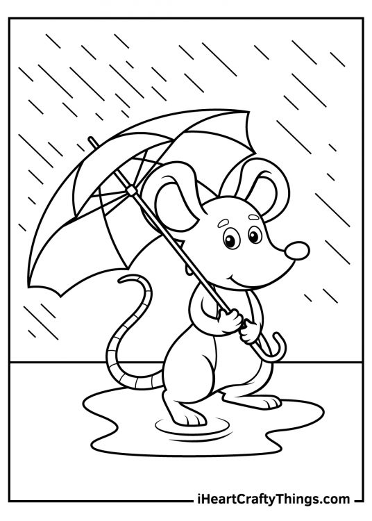 Coloring image featuring cartoony mouse standing hind legs under umbrella on a rainy day