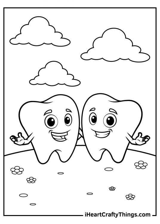 Free printable outdoors scene with two smiling teeth standing side by side in the meadow