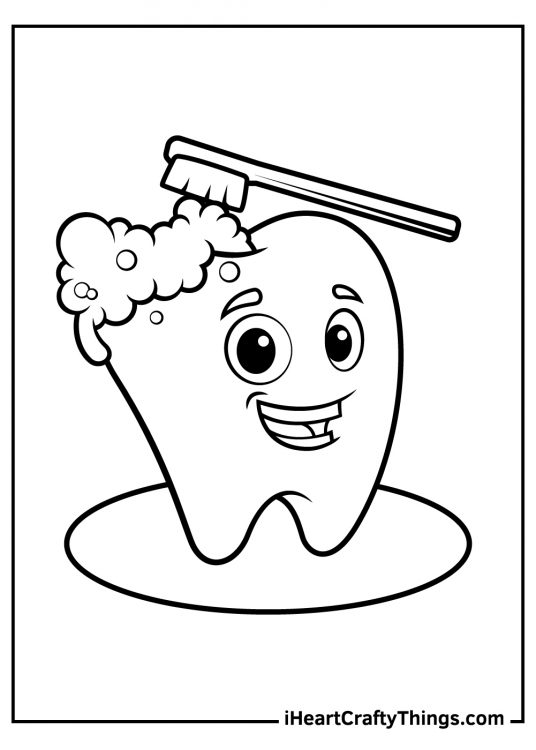 Detailed coloring picture of a happy tooth getting a good cleaning by toothbrush