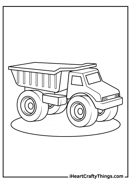 Printable coloring page for kids featuring toy heavy duty truck positioned on a display