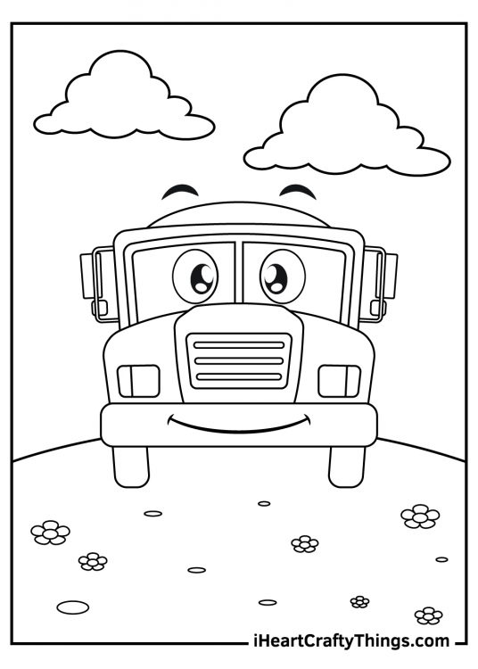 Printable coloring sheet of a cartoon truck with a smiling face driving along a field