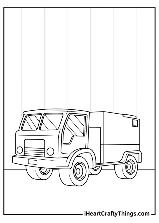 Coloring page for children featuring a simple large cargo truck with segmented background