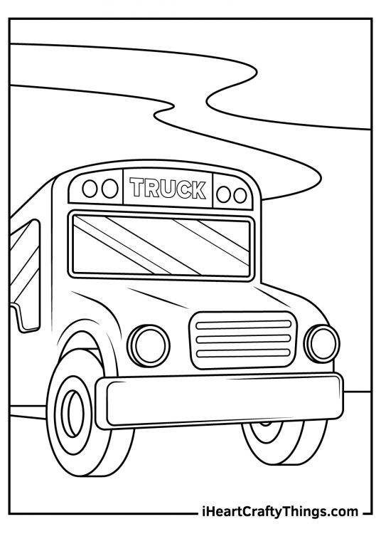 Free coloring sheet featuring front view of the truck with a