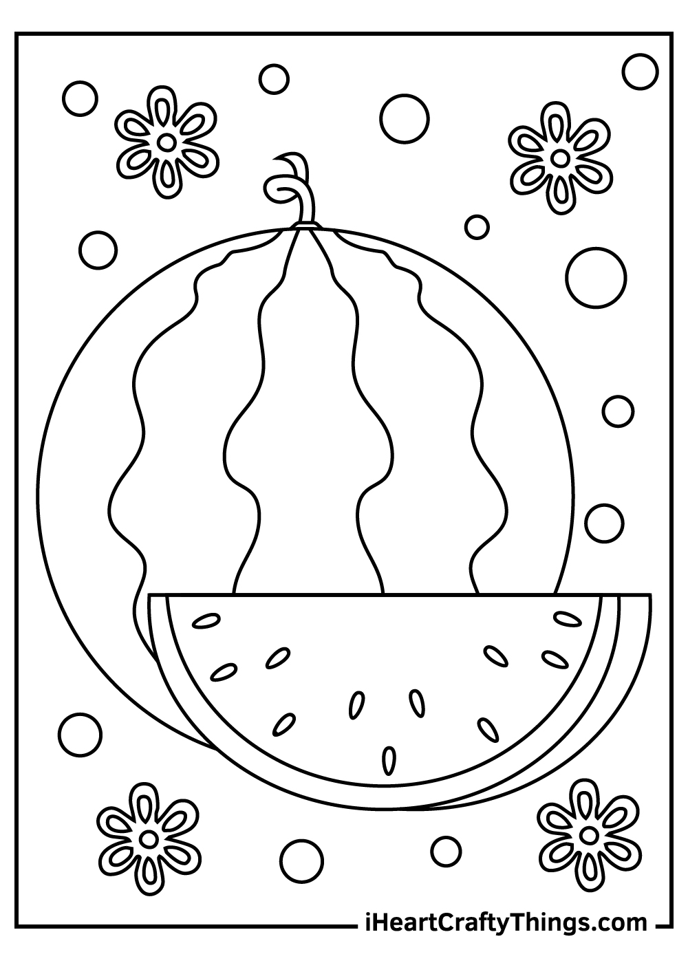 Free printable page to color of a large watermelon with a slice next to it and flowers in the background