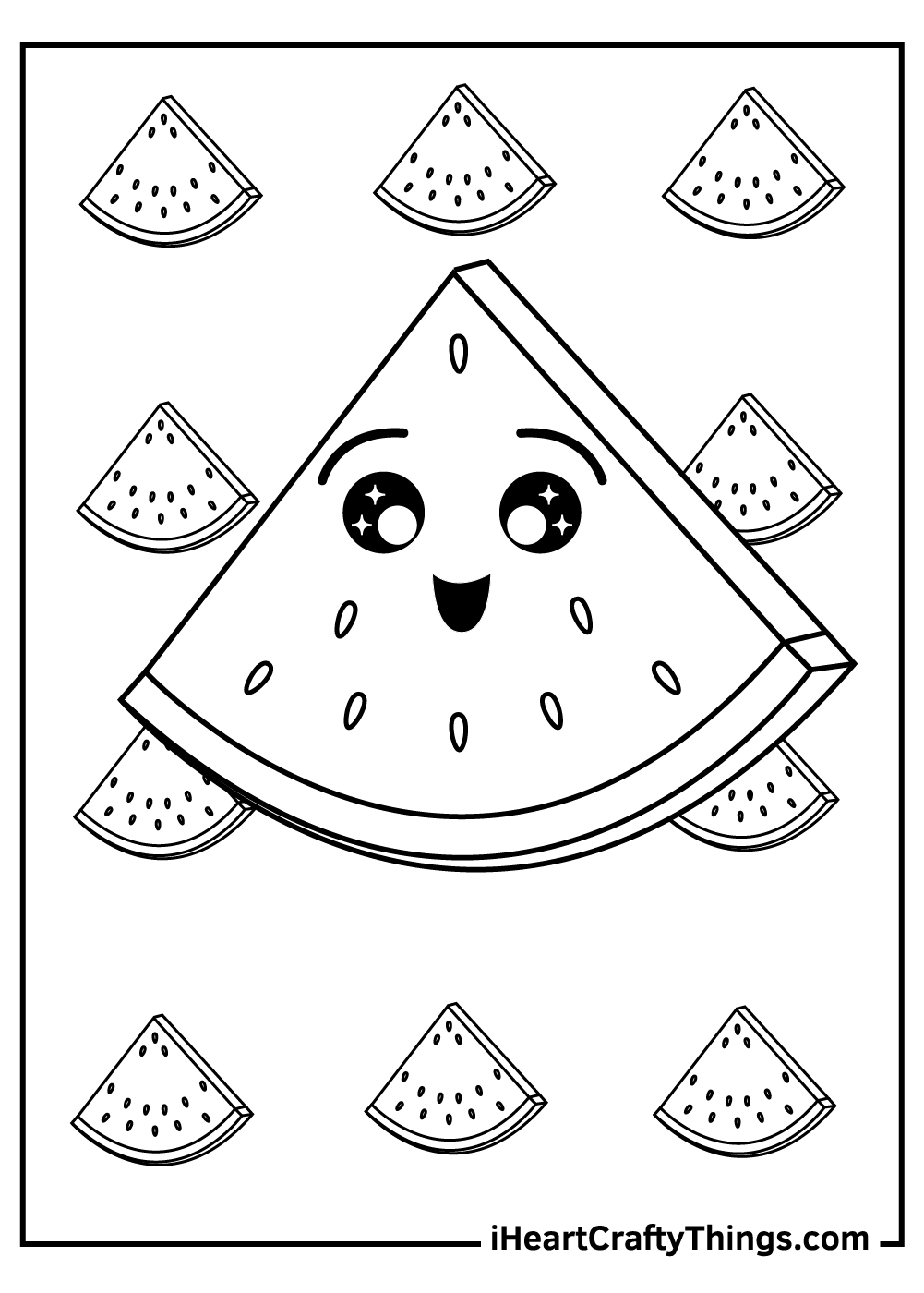 Coloring pdf featuring large watermelon slice with happy face details and many small slices in the backgorund