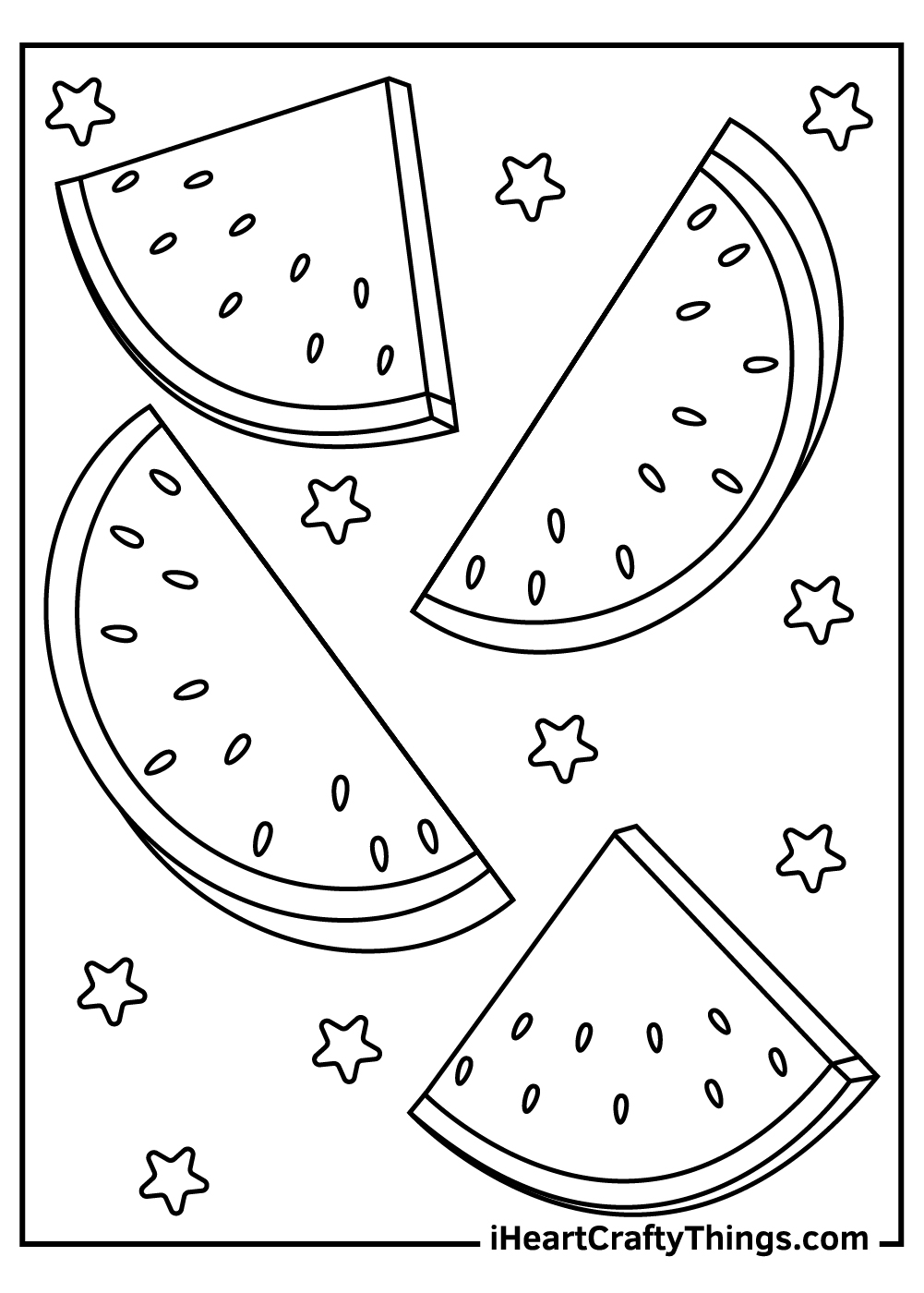 Printable coloring page for kids featuring four watermelon slices with stars in the backgorund