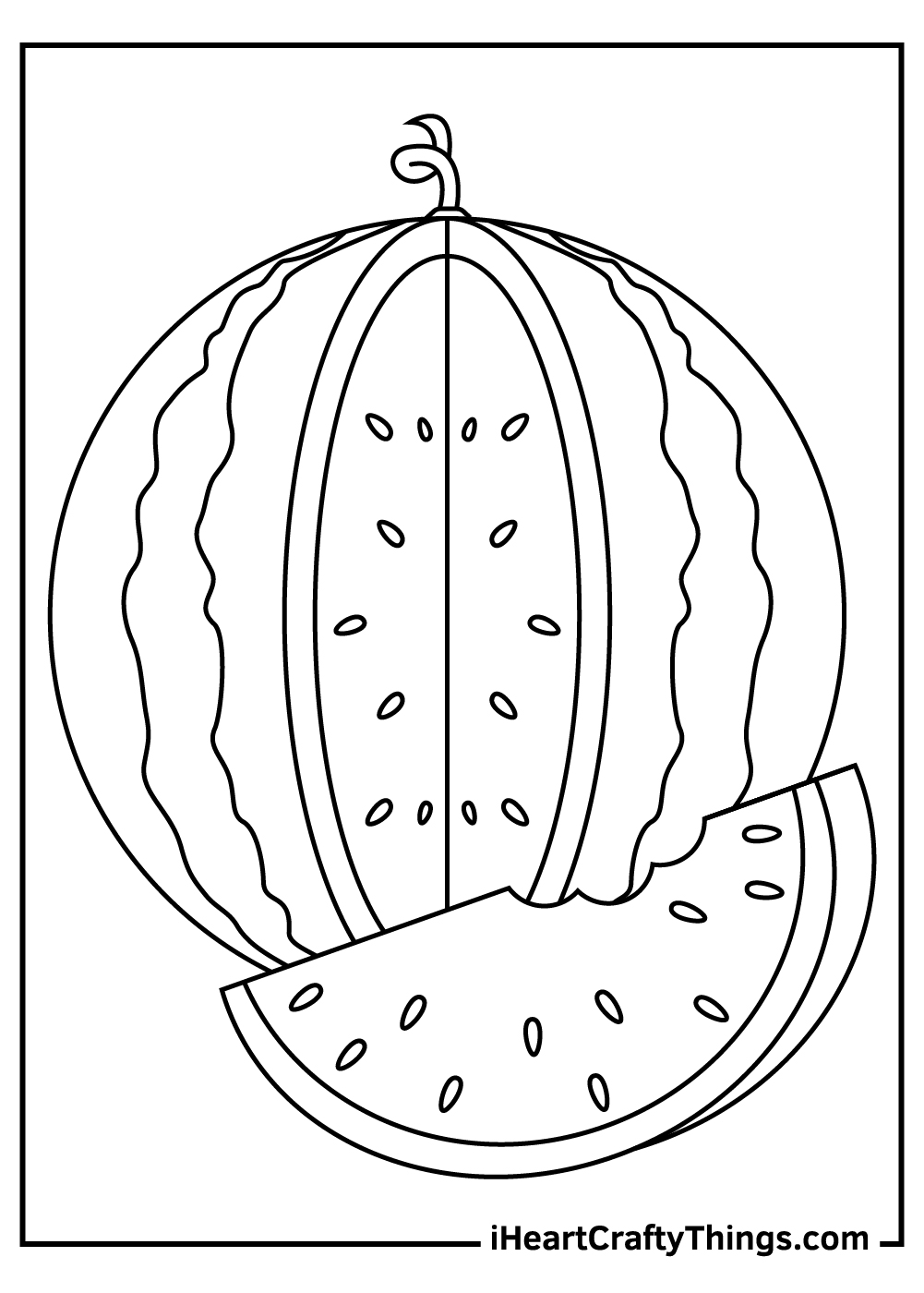 Detailed coloring sheet for kids featuring large watermelon with a slice cut out